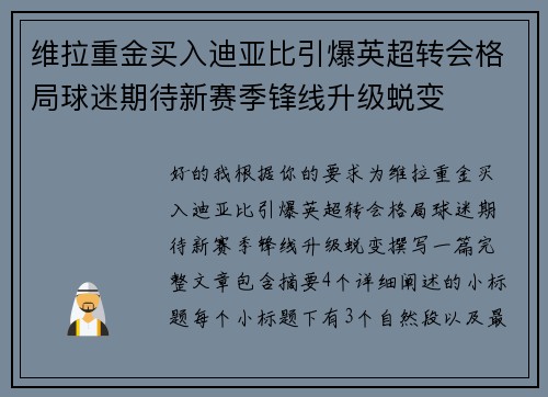 维拉重金买入迪亚比引爆英超转会格局球迷期待新赛季锋线升级蜕变 维拉重金买入迪亚比引爆英超转会格局球迷期待新赛季锋线升级蜕变
