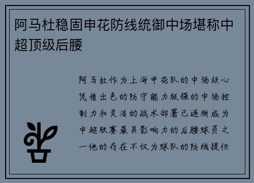 阿马杜稳固申花防线统御中场堪称中超顶级后腰 阿马杜稳固申花防线统御中场堪称中超顶级后腰